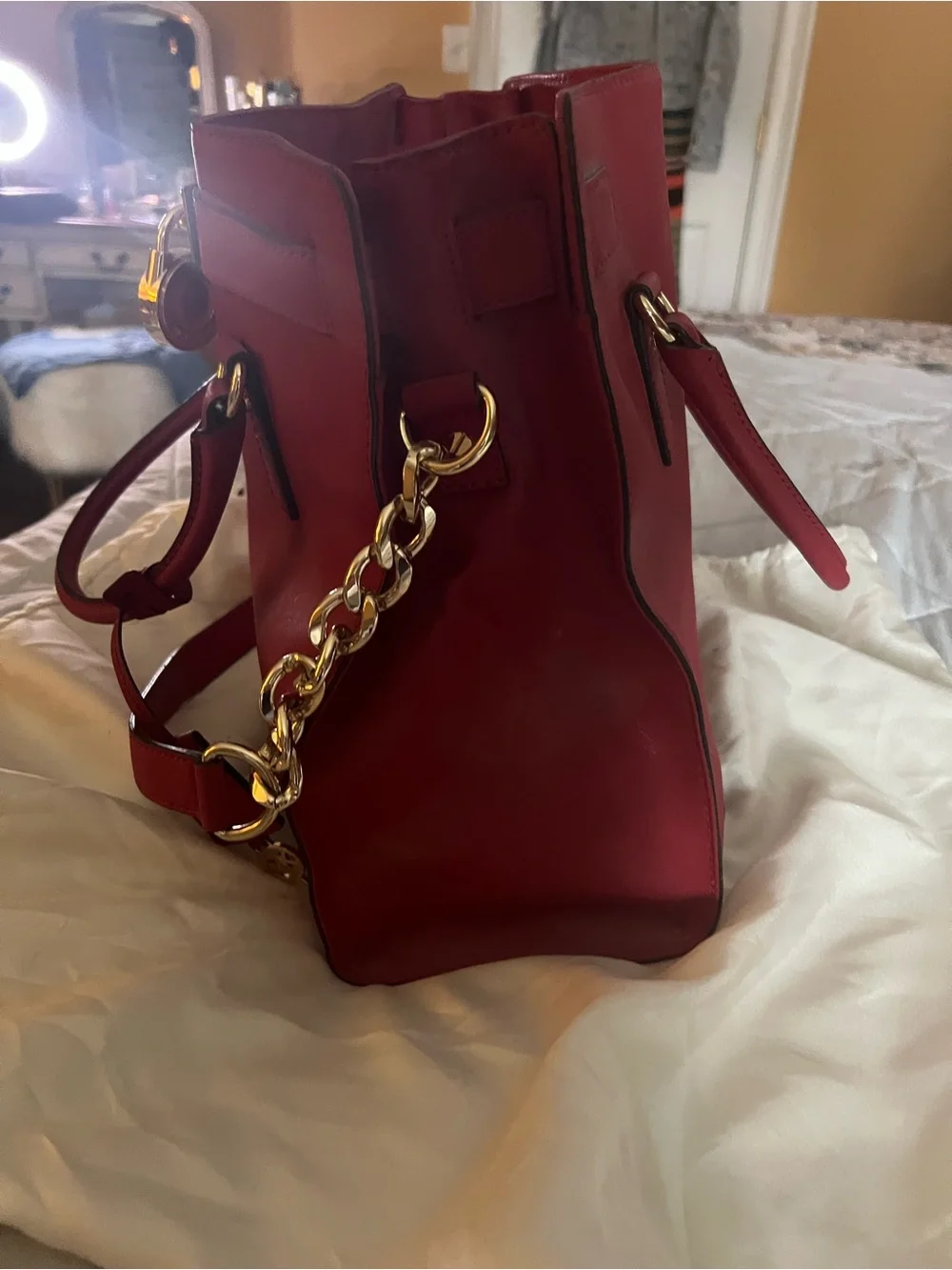 Michael Kors Bright Red Leather Tote with Gold-Tone Accents